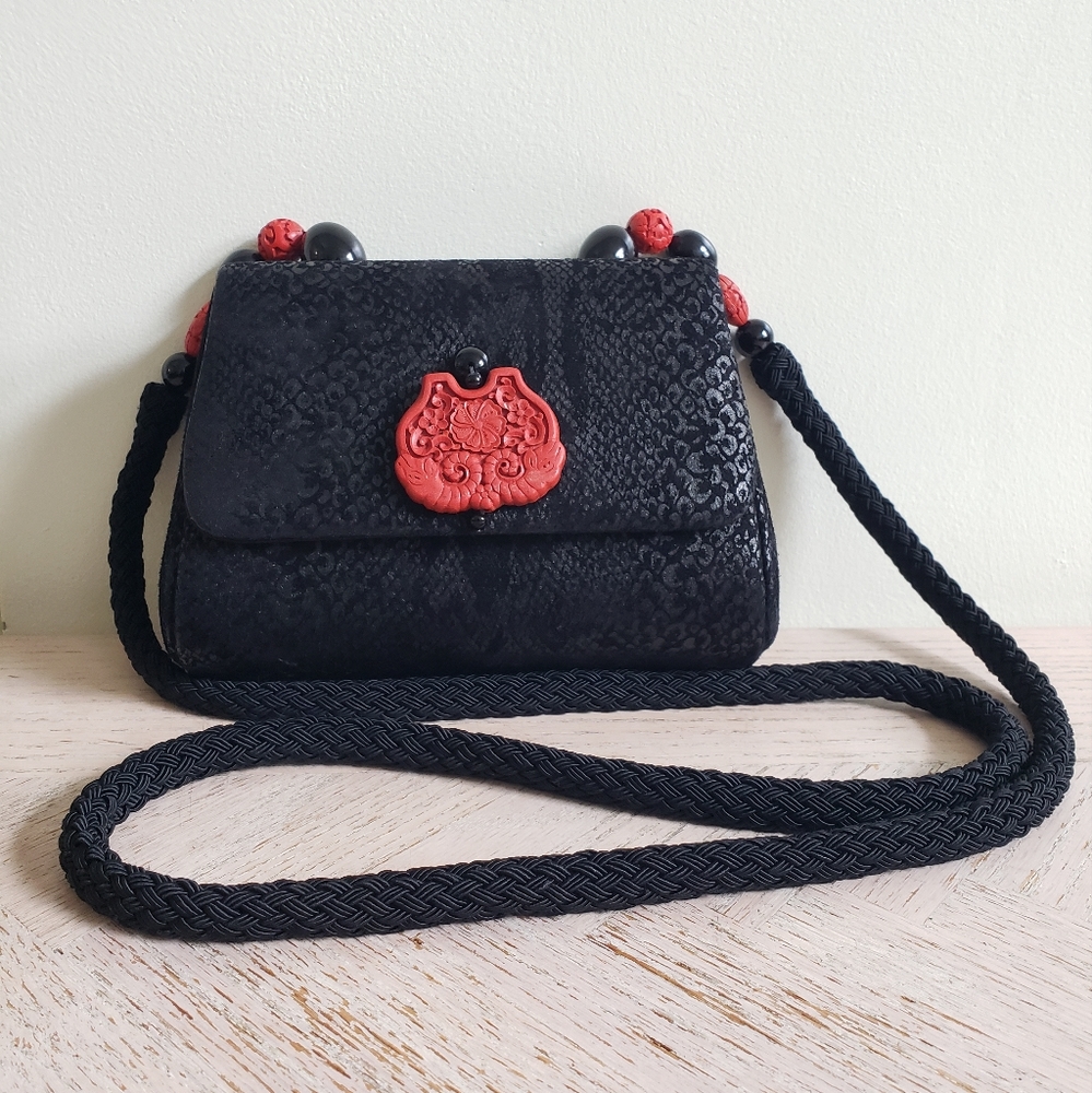 Vintage 80's Rapheal Sanchez Chinoiserie Crossbody Purse Black Red Faux Cinnabar